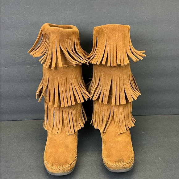 Minnetonka Boots Womans Size 8 Layer Fringe Brown Suede Boots Moccasins - Picture 9 of 9